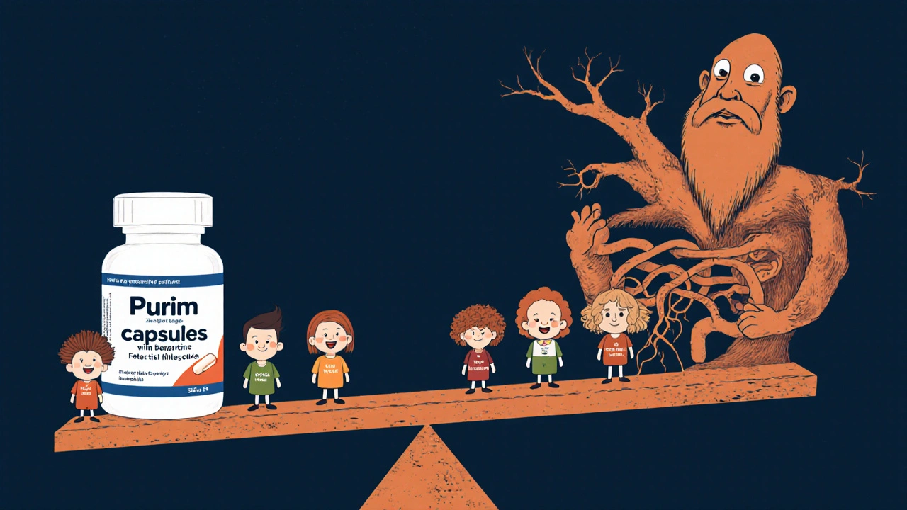 A balanced scale comparing Purim and five natural alternatives as cartoon characters, watched by a wise tree in duotone.