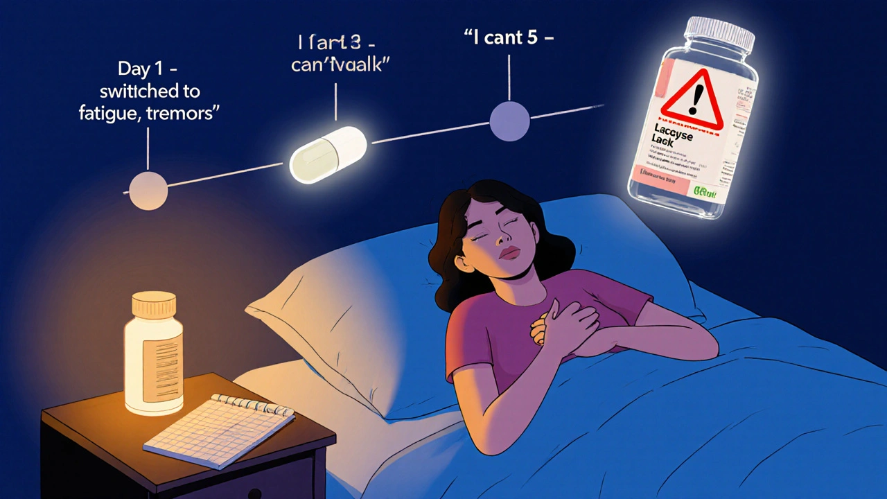 A patient in bed with a timeline of worsening symptoms after switching to a generic thyroid medication.