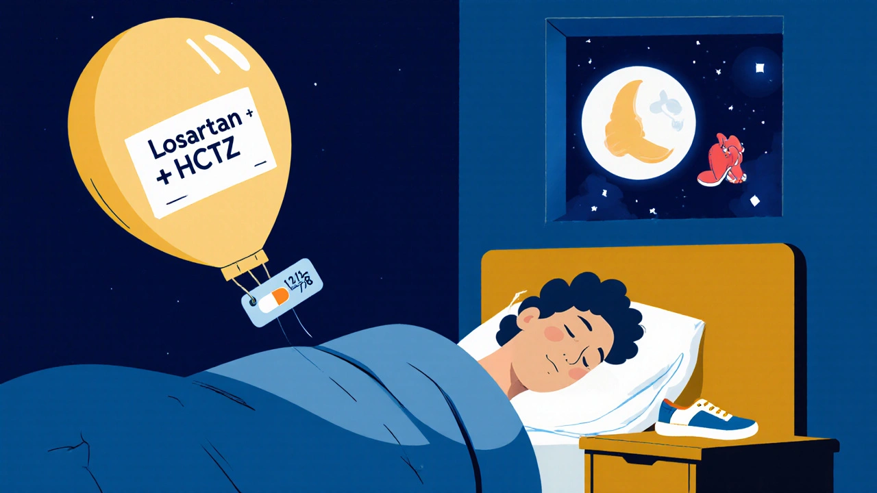 A peaceful sleeper replaced by a combo blood pressure pill on the nightstand, with heart and walking shoe symbols.