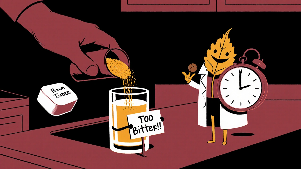 A person adding turmeric and black pepper to water, with neem leaf and zinc tablet as friendly characters in duotone style.