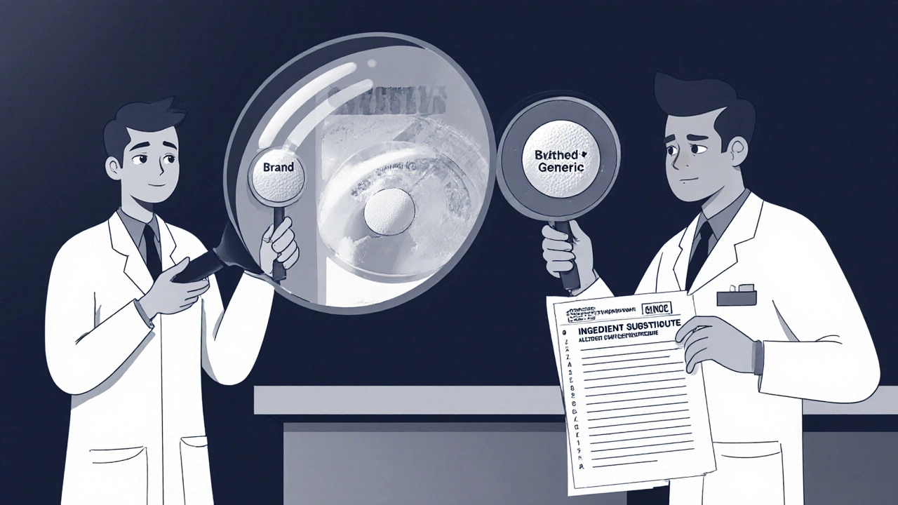 A pharmacist comparing two pills under a magnifying glass, revealing hidden differences in their composition.