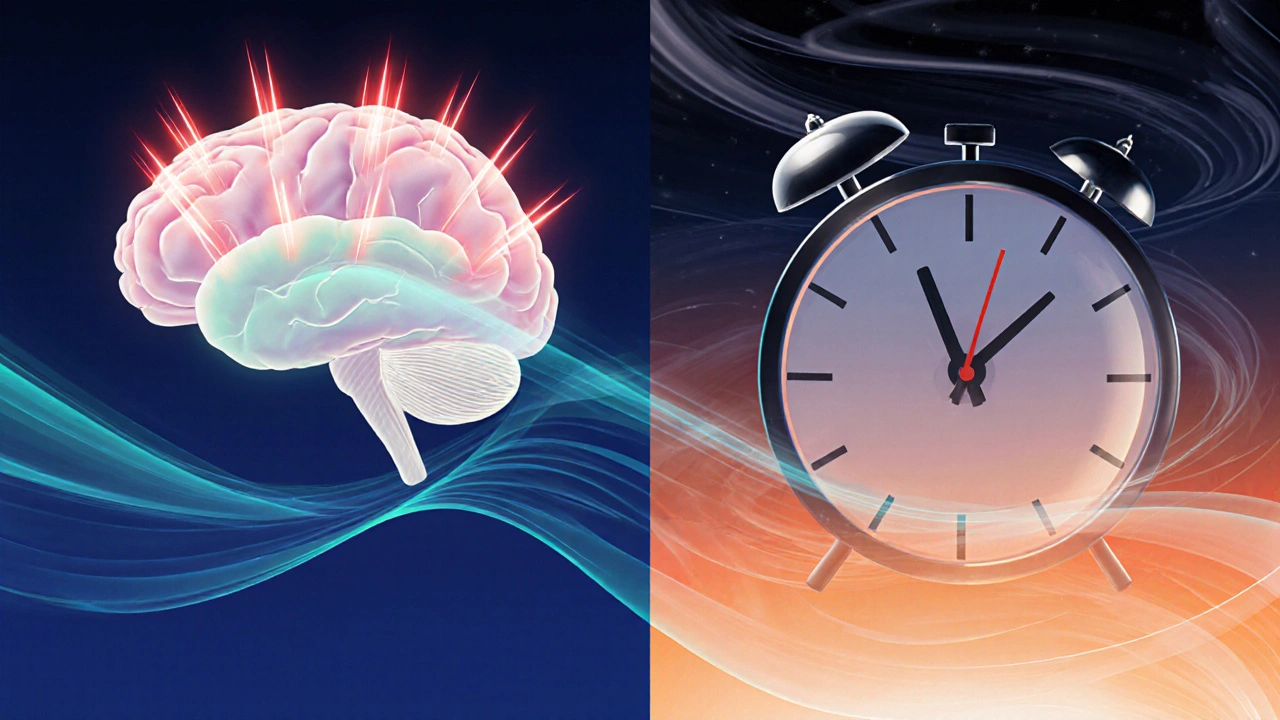 Abstract illustration showing cortisol spikes in the brain and a blurred clock with shifting colors.
