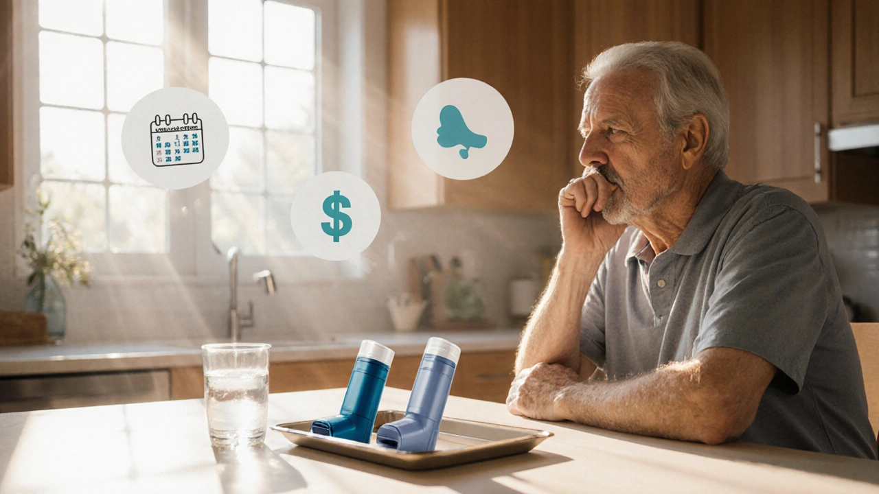 Adult reviewing three inhalers on a table with water, mouthwash, and subtle decision icons.
