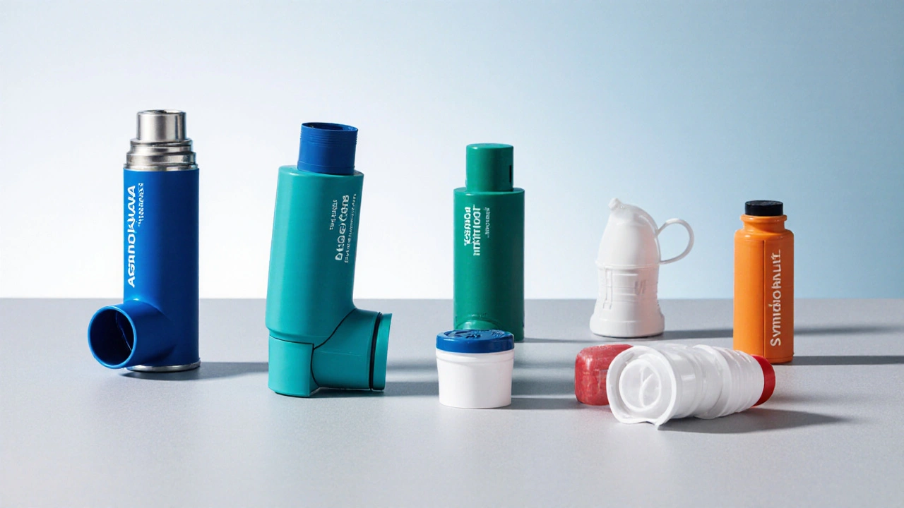 Assortment of asthma inhalers (MDI, DPI, nebulizer) displayed on a light countertop.