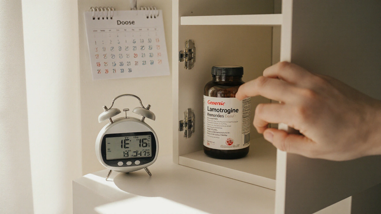 Bedroom cabinet displaying a lamotrigine bottle next to an alarm clock and medication reminder calendar.
