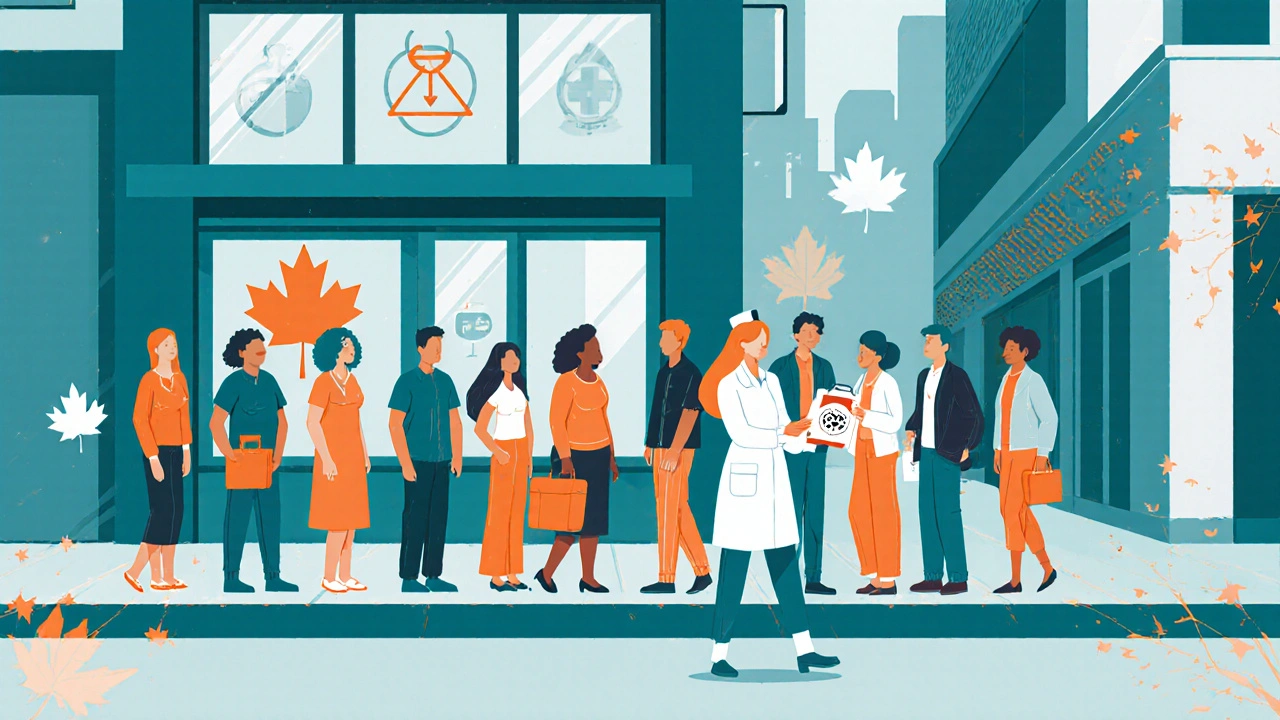 Canadian street with a supervised consumption site and people receiving care.