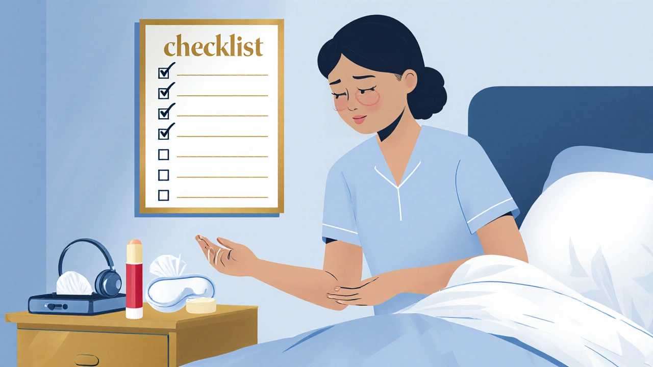 Caregiver preparing comfort kit, checklist board, and practicing mindfulness beside patient in blue‑gold duotone.