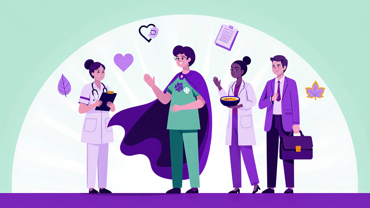 Caregiver surrounded by nurse, palliative specialist, nutritionist, and social worker in duotone purple‑green.