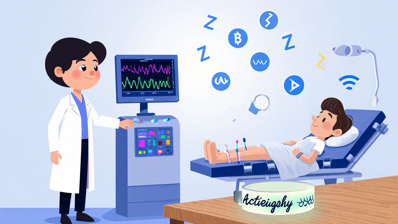 Cartoon lab showing sleep study equipment monitoring leg movements.