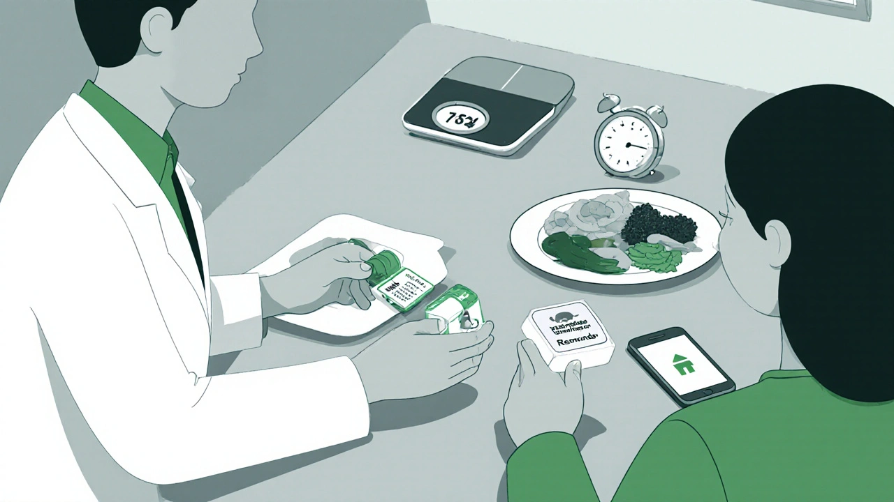 Cartoon of a doctor counseling a patient about roflumilast and nutrition.