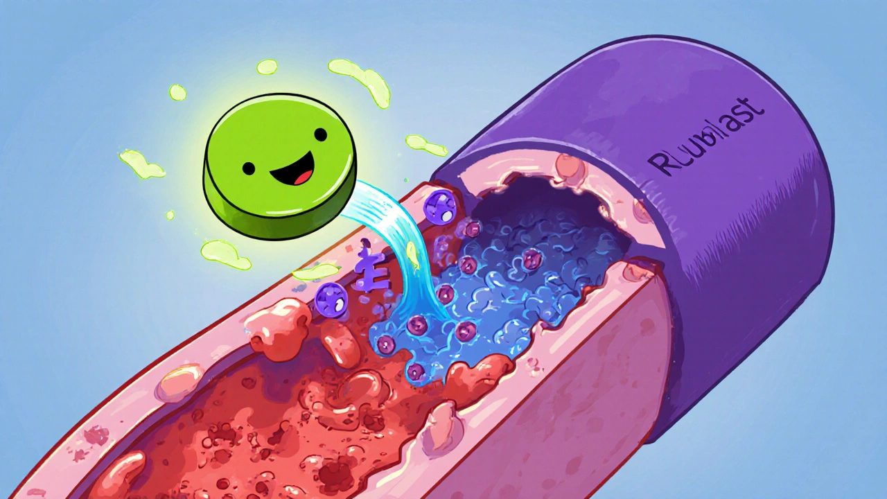 Cartoon showing airway inflammation reduced by a PDE4‑inhibiting tablet.