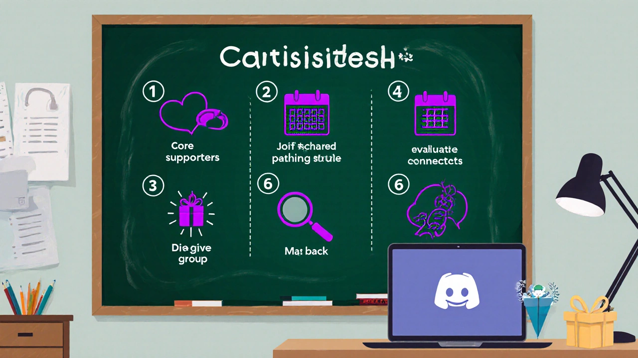 Checklist board with icons for support steps, laptop showing online community, in green‑purple duotone.