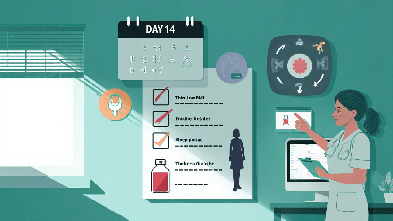 Checklist wall showing calendar, blood test vial, and icons for low BMI, thiazide, and female risk.