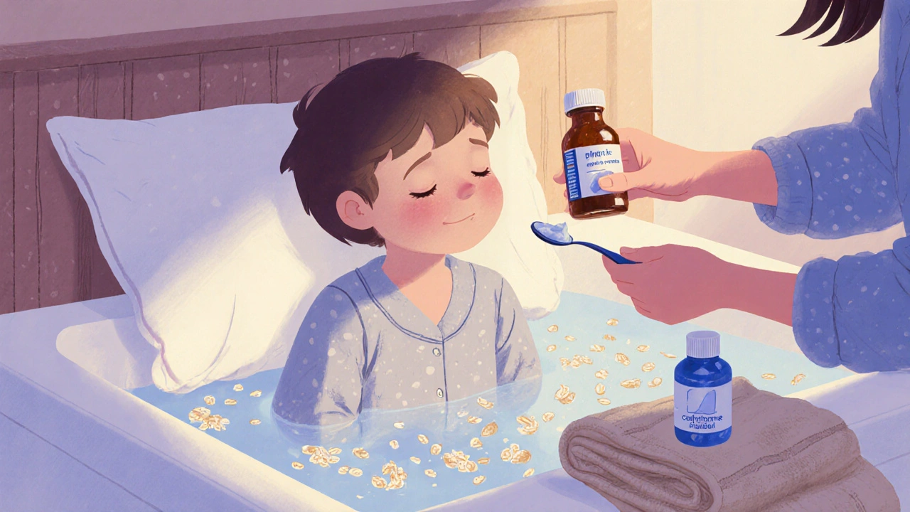 Child in pajamas enjoying an oatmeal bath with mother preparing antihistamine.