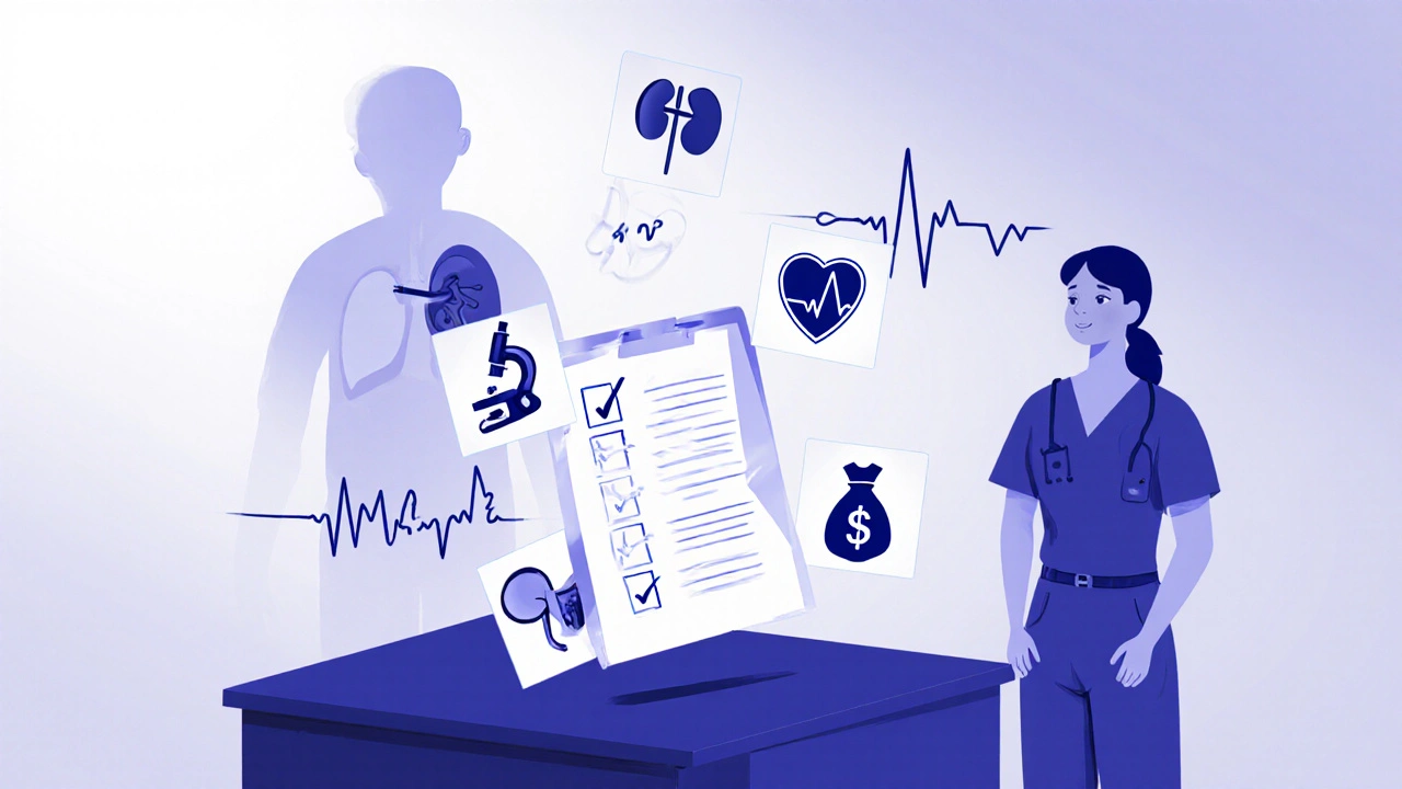 Clinician with floating checklist icons for lungs, microscope, shield, heart, and money.
