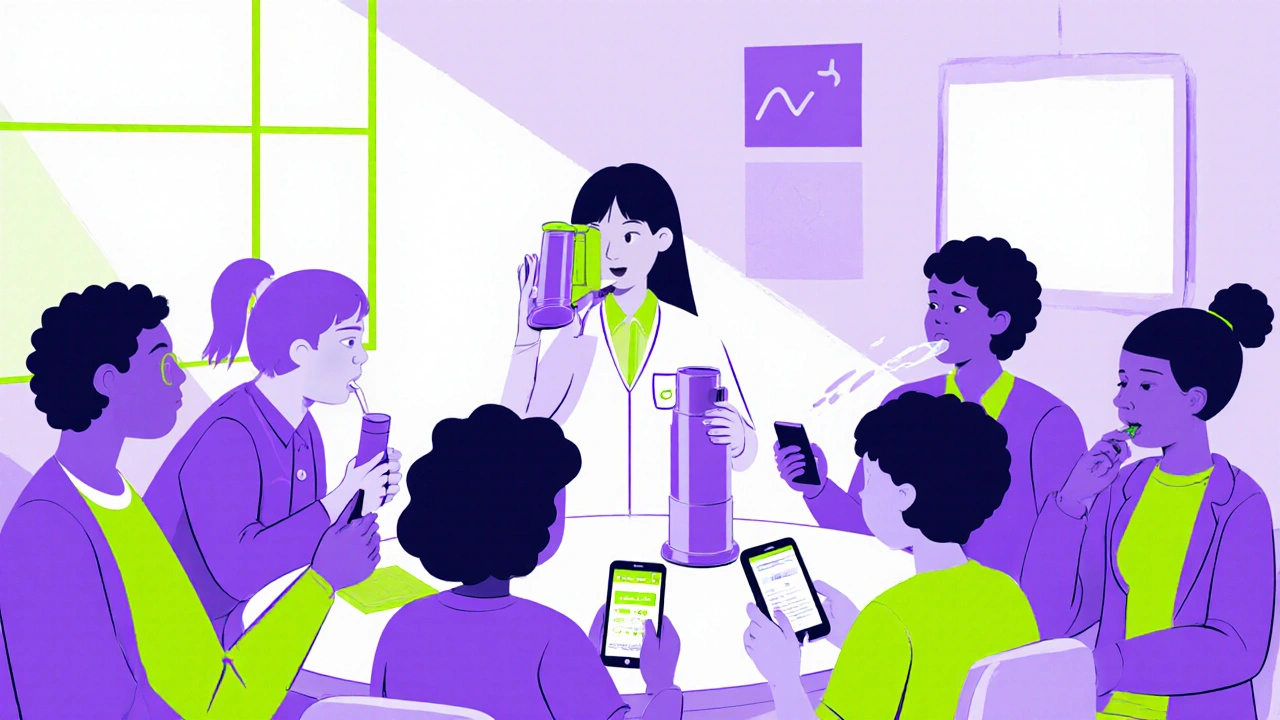 Community workshop teaching inhaler use and peak‑flow measurement in a duotone cartoon.