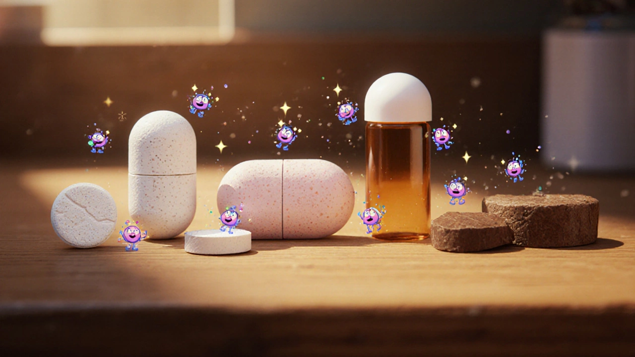 Display of various thyroid medication tablets and capsules on a countertop.