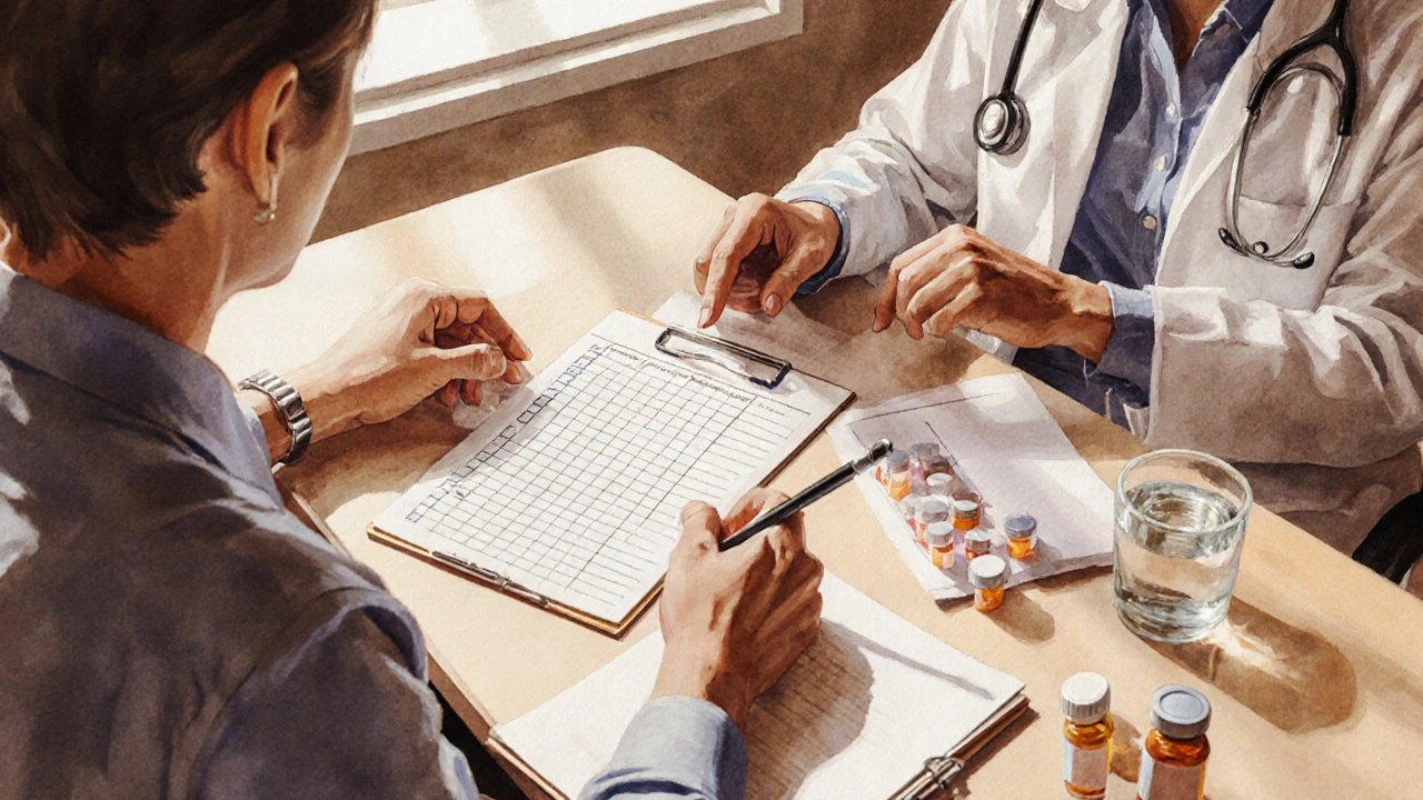Doctor and patient discussing treatment over a table with pill bottles and a blood‑pressure log.