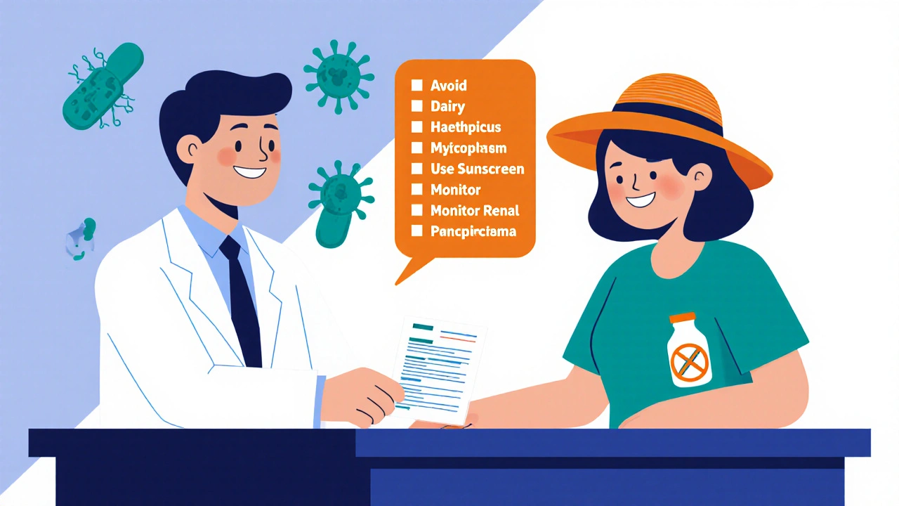 Doctor prescribing tetracycline to a patient with sun hat and dairy warning icons.