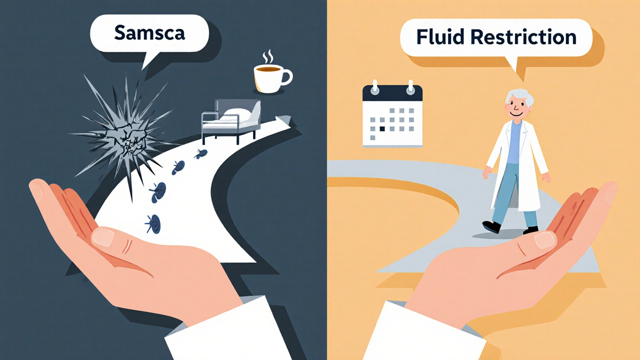 Doctor presenting two treatment paths: one risky with hospital bed, one calm with cup and calendar, in duotone illustration.