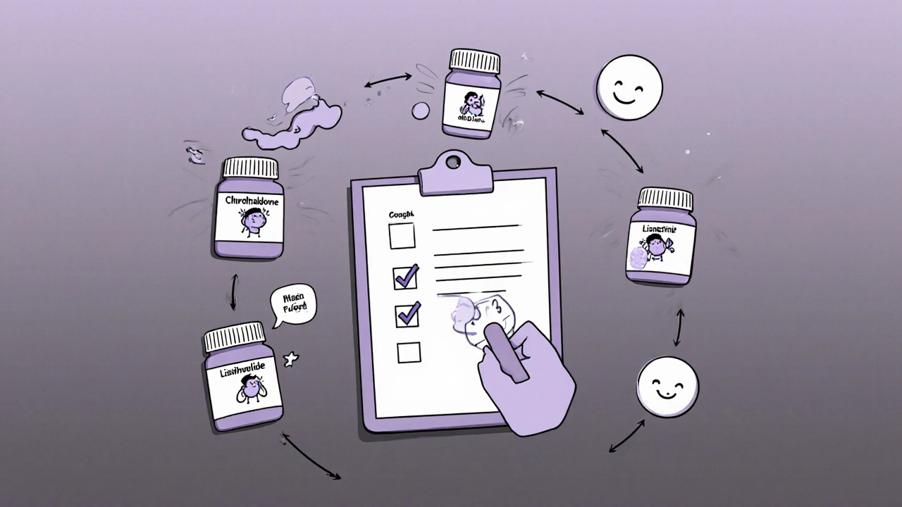 Five blood pressure medications illustrated as tiny characters on a doctor&#039;s clipboard, each with unique reactions.