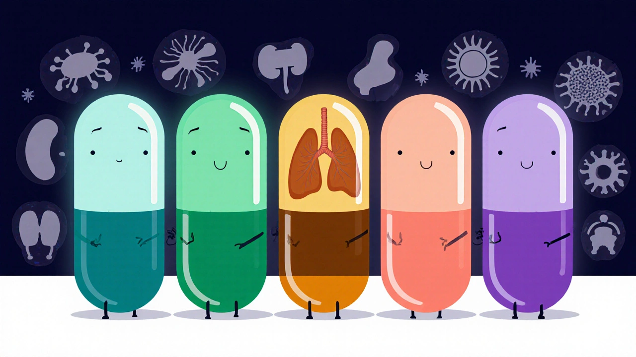 Five cartoon pill characters with surrounding silhouettes of bacteria they target.