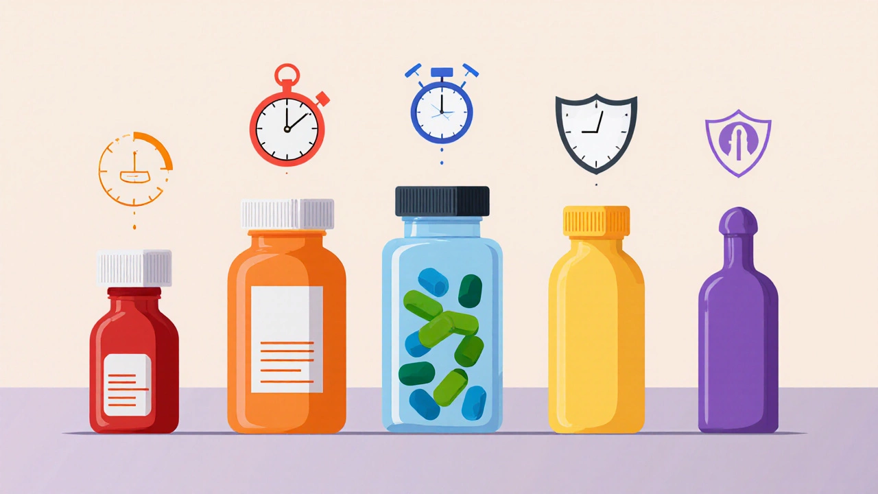 Flat‑design layout of six medication bottles with icons for onset, duration, and risk.