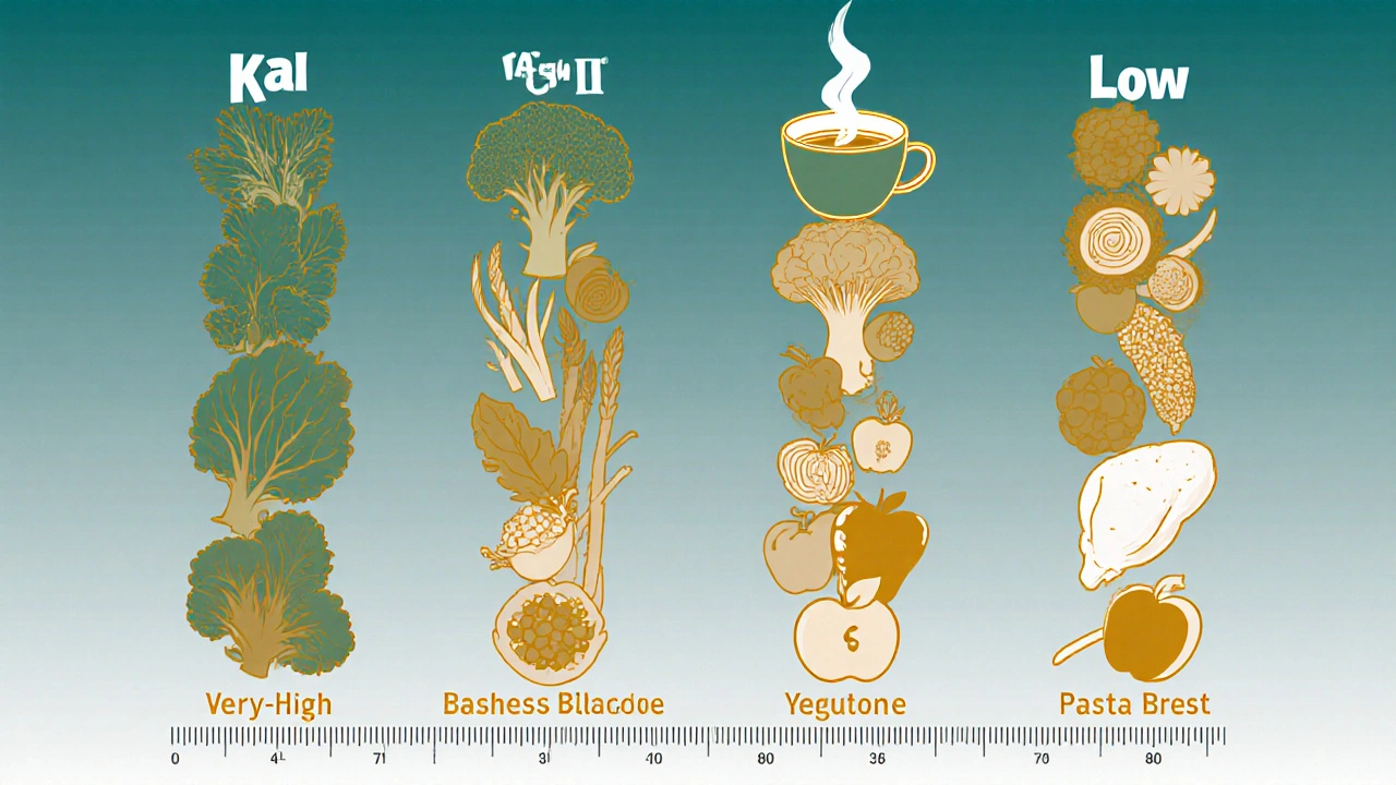 Four columns showing groups of foods categorized by vitamin K levels in cartoon style.