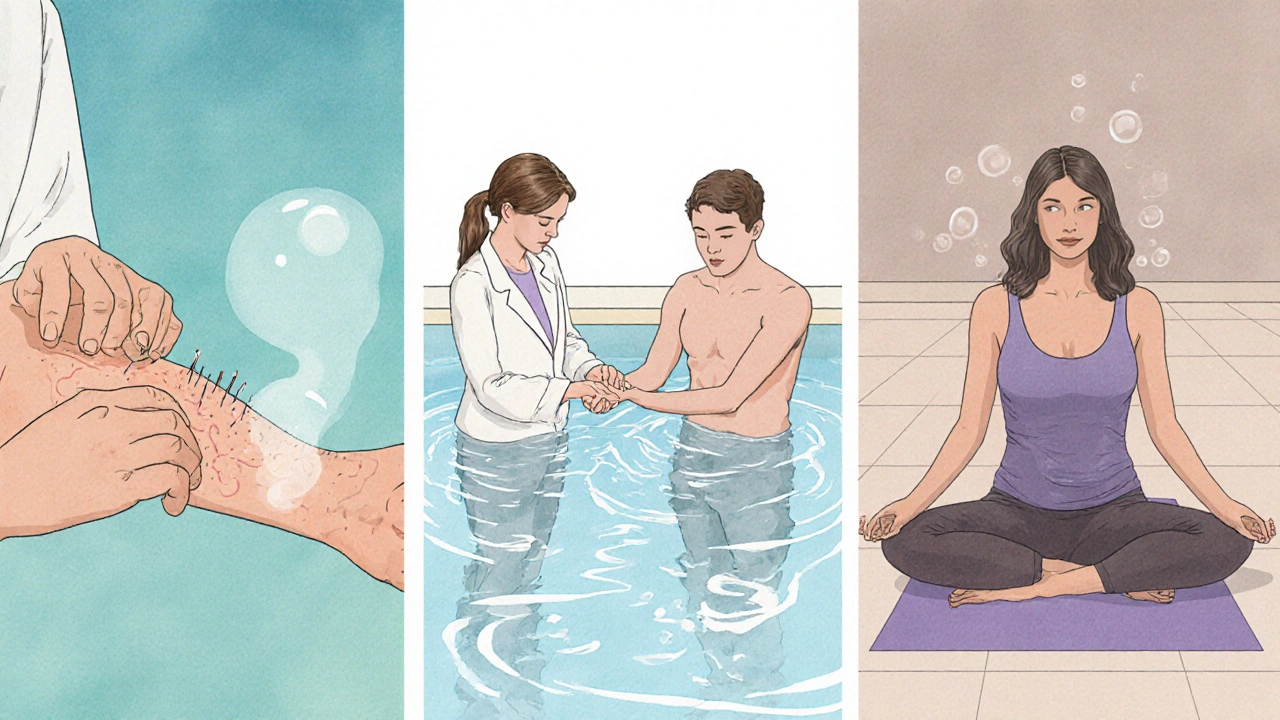 Illustration of acupuncture, swimming therapy, and gentle yoga for hemophilia care.