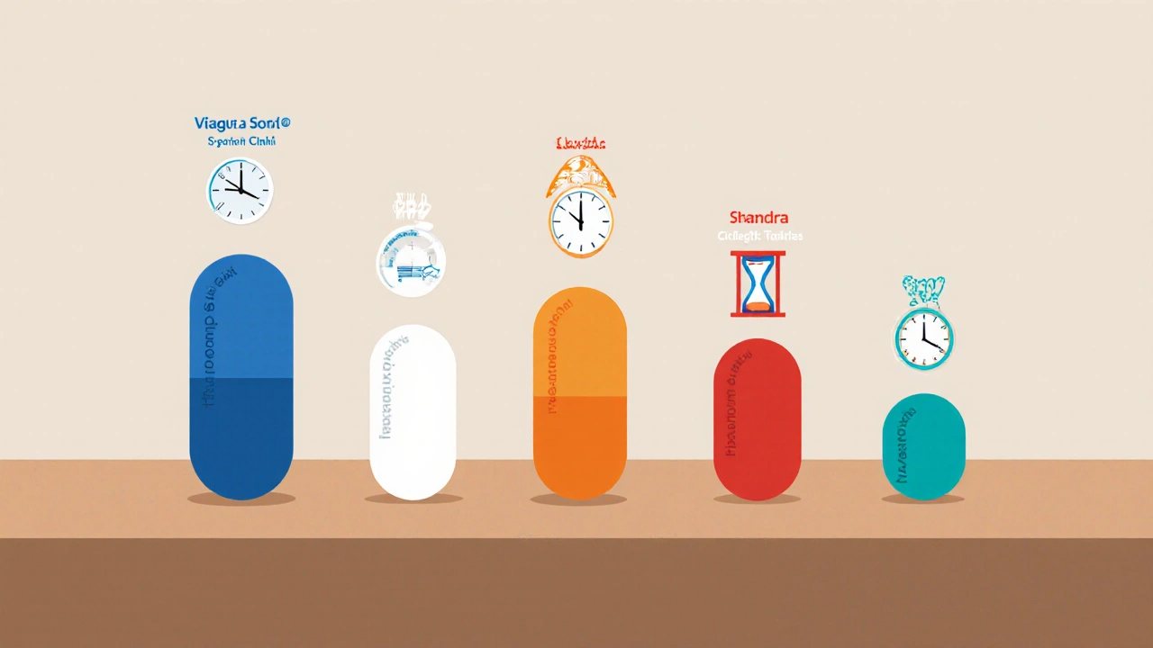 Illustration of various ED pills and a chewable with clock symbols for onset and duration.