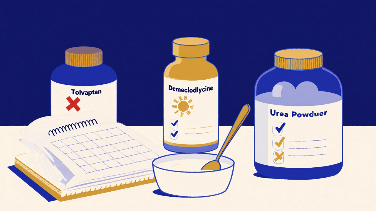 Kitchen counter with three treatment bottles, urea marked as best choice, mixing into yogurt, in stylized duotone design.