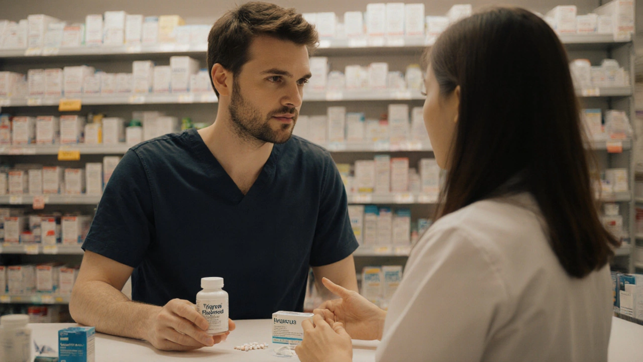 Man consulting a pharmacist at a pharmacy counter, examining medication options.