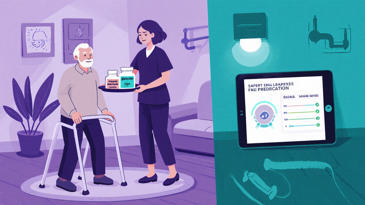 Older man with walking aid, medication bottles for safer antidepressants, and home safety gear.