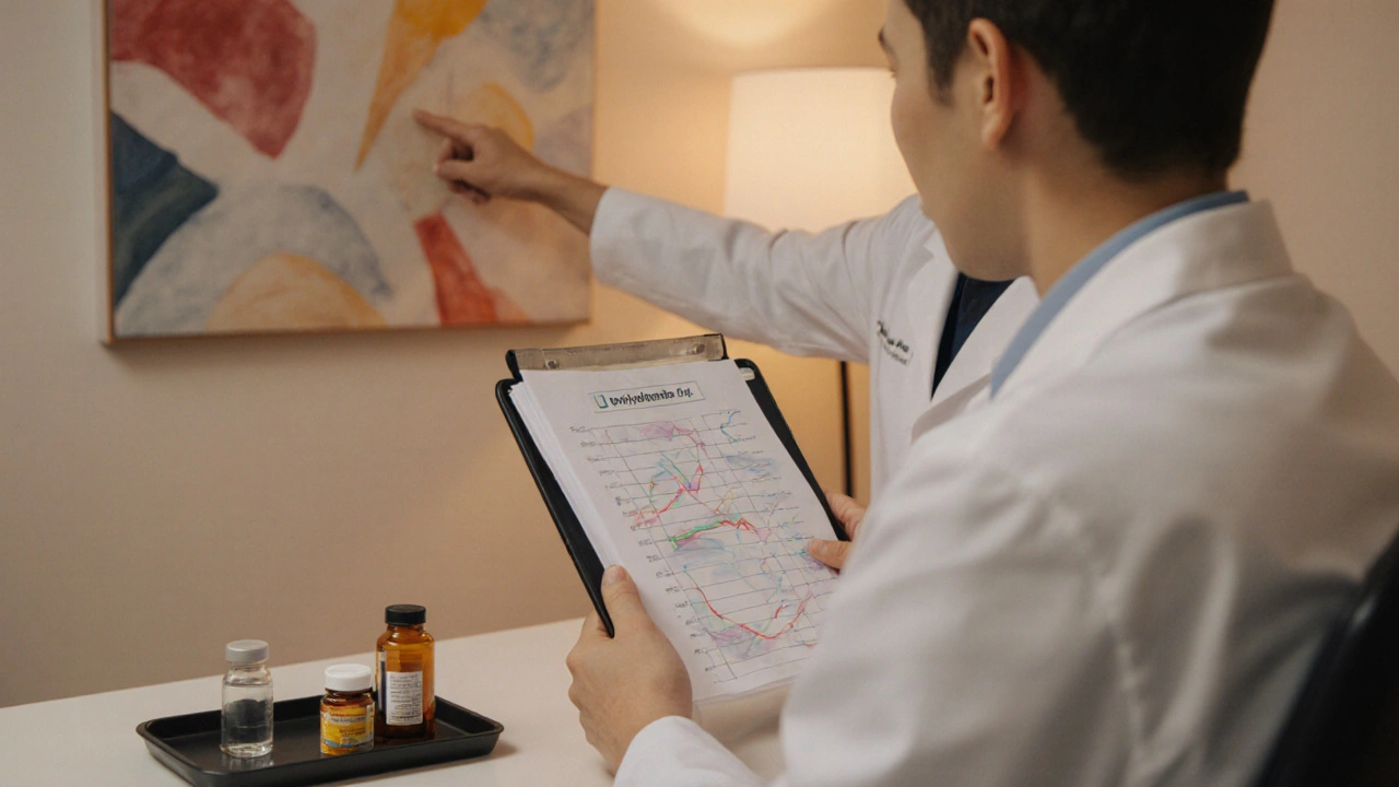 Patient and doctor reviewing a health checklist in a calm consultation room.
