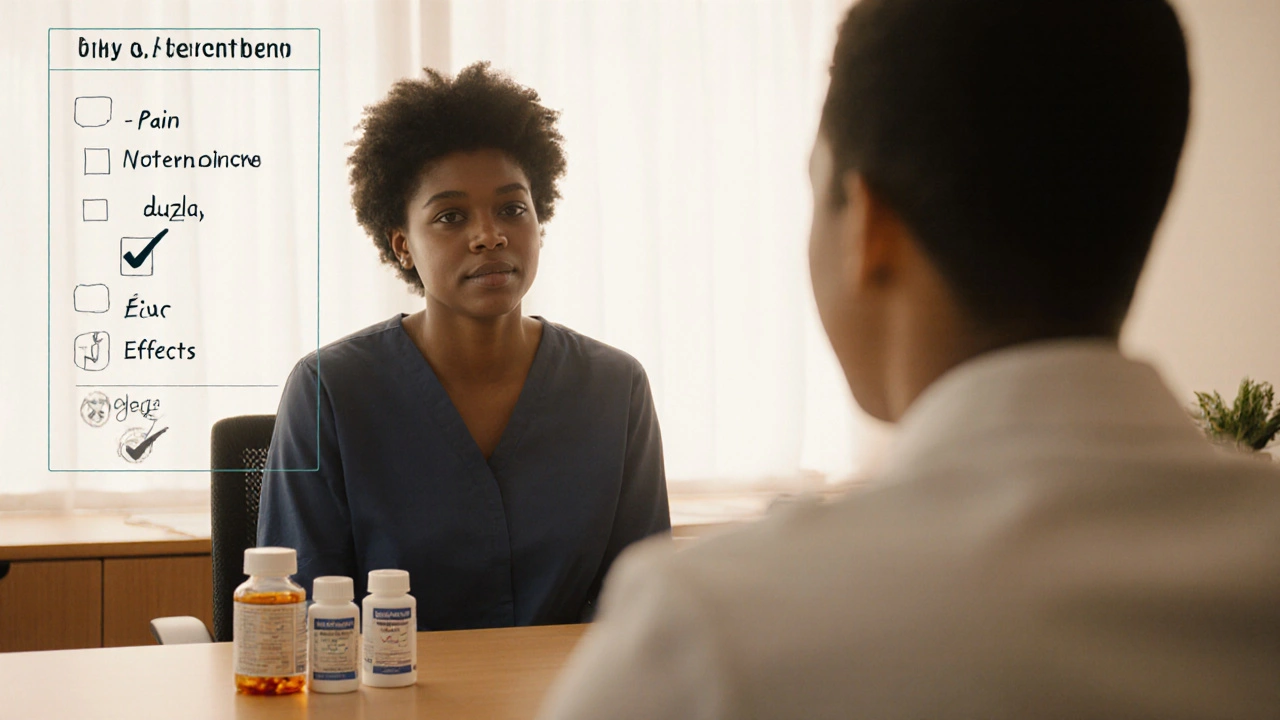 Patient discussing medication options with a doctor, two pill bottles on the desk.