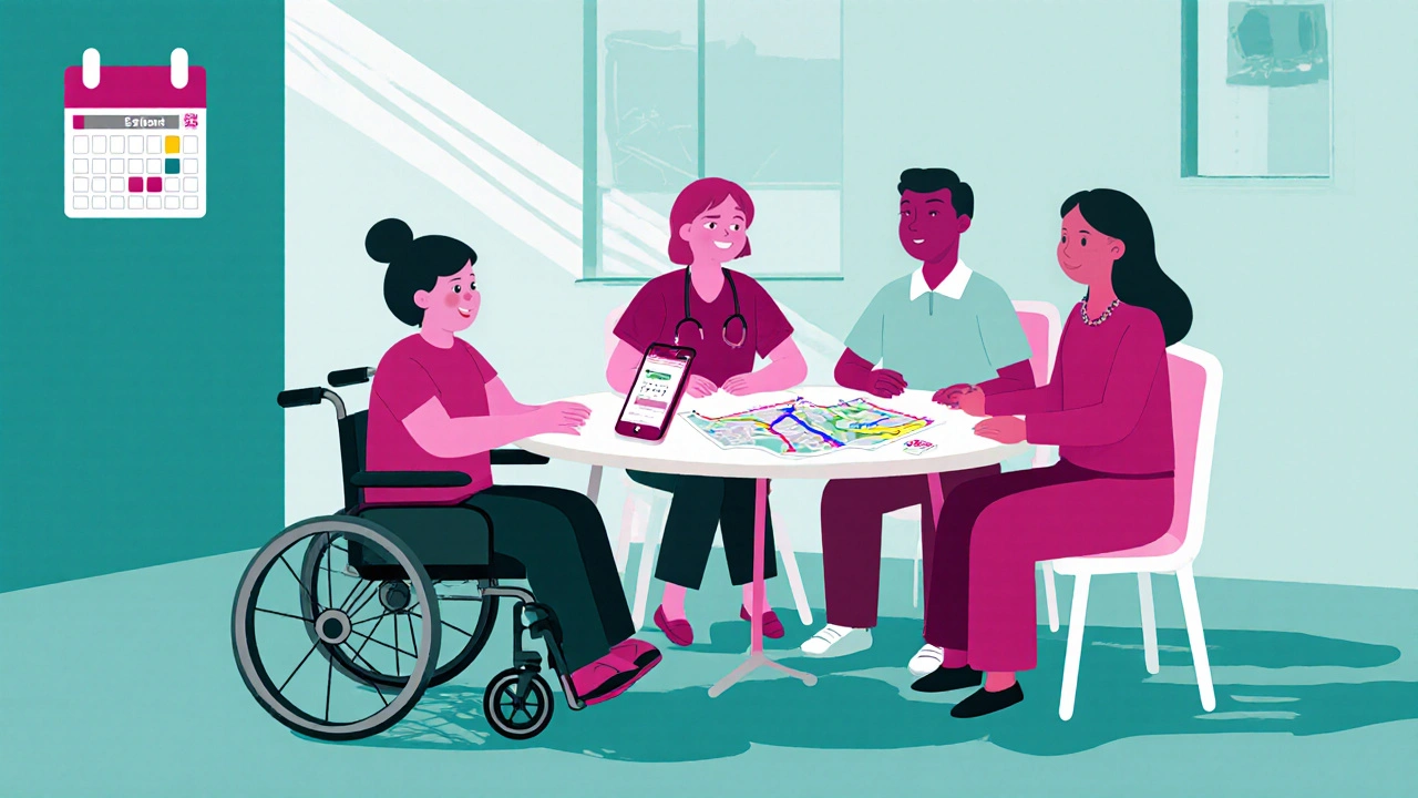 Patient with wheelchair at table with clinician, family, and peers, planning care in teal‑magenta duotone.