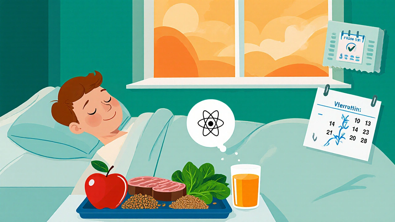 Peaceful sleeper next to tray of iron‑rich foods and orange juice, showing improved sleep.