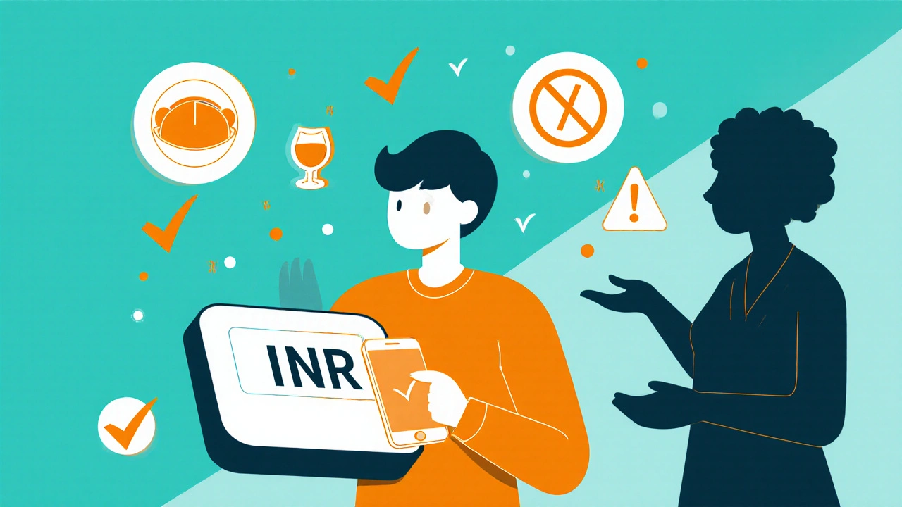 Person checking an INR device, using a nutrition app, with checklist icons and medical support.