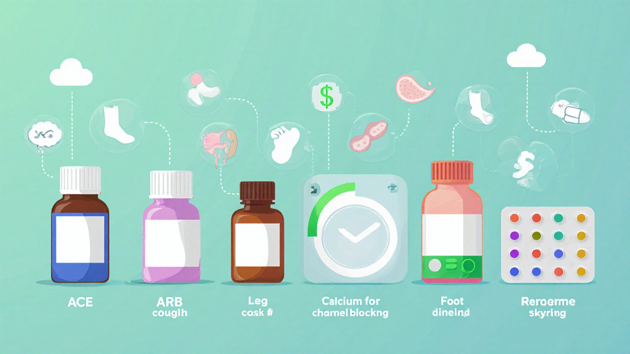 Row of medication bottles with icons for side effects and cost in a flat illustration.