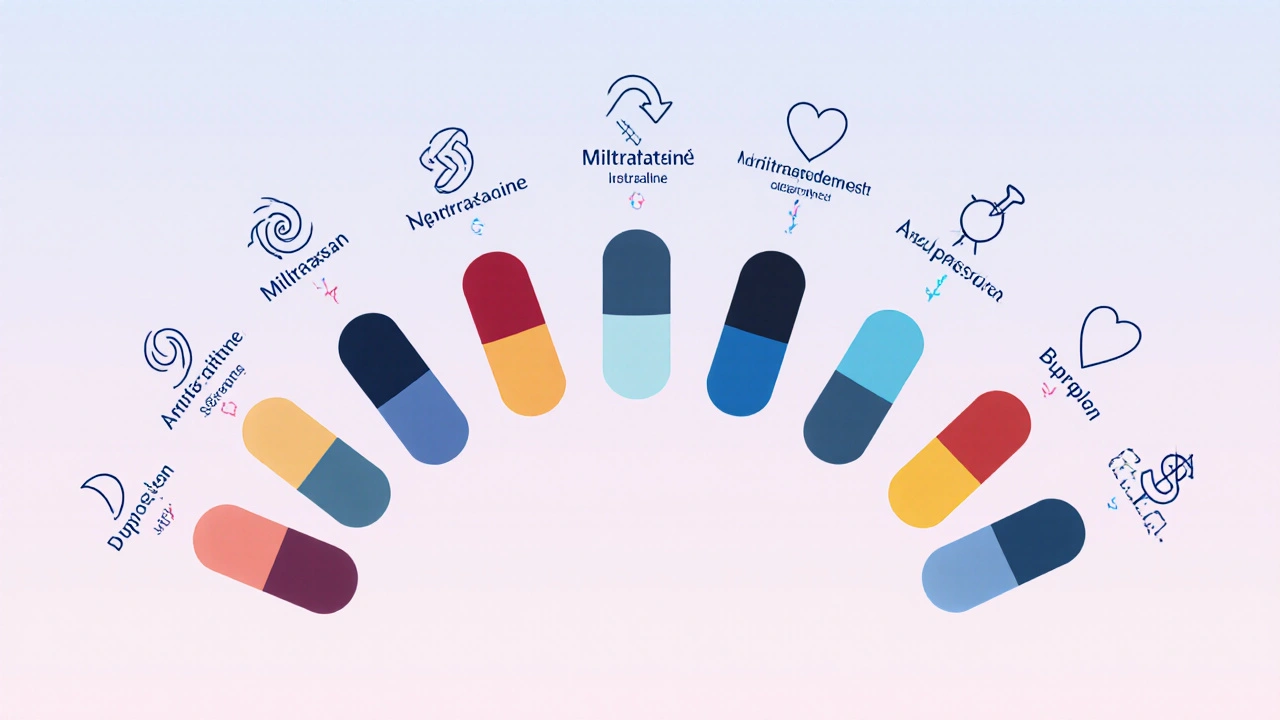 Six colorful pill capsules with side‑effect icons arranged in a semi‑circle.