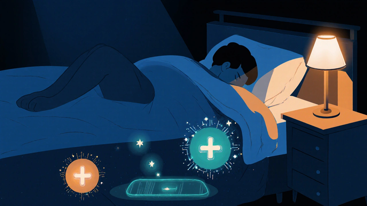 Sleeper&#039;s legs twitch in bed, surrounded by dopamine and serotonin symbols indicating low iron.