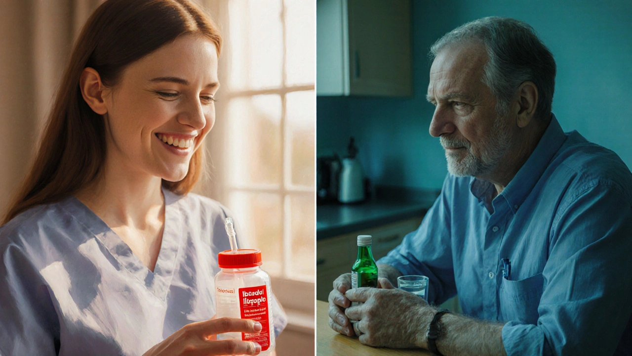 Split‑screen showing a woman receiving IV Toradol and a man taking oral ibuprofen.