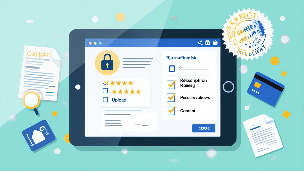 Tablet interface with icons for secure payment, license verification, prescription upload, and reviews.