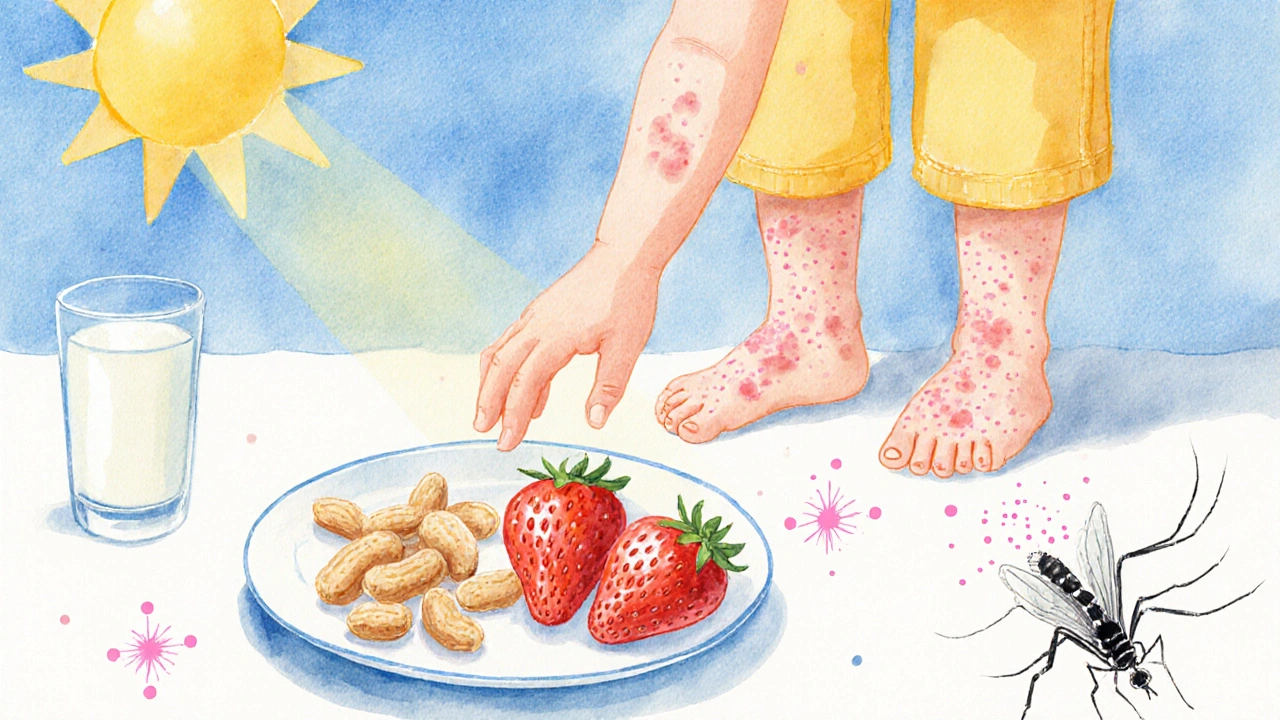 Watercolor collage of foods, mosquito, and sunlight representing hives triggers around a child.