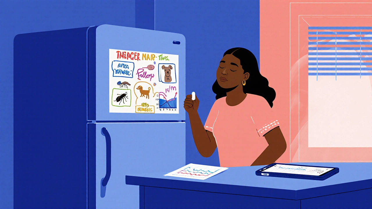 Young teacher at home holding a pill, with a fridge chart of triggers and a phone showing peak‑flow data.