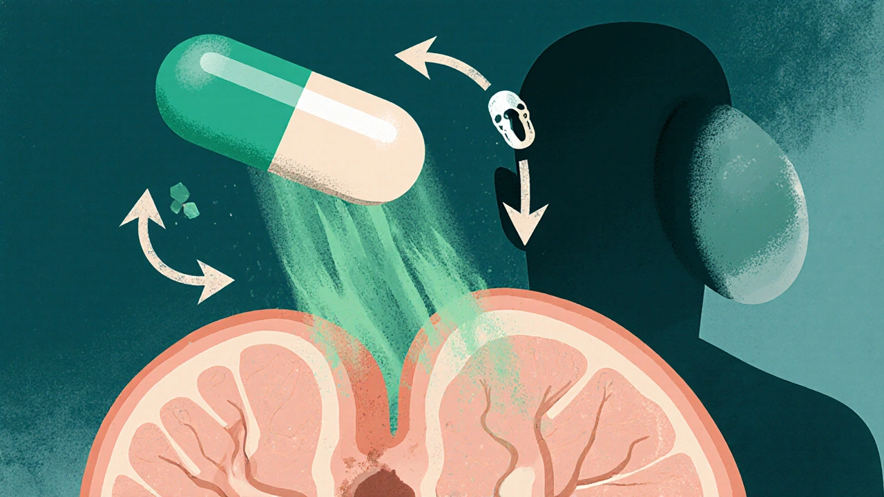 A cabergoline pill calming a pituitary tumor, restoring hormonal balance in duotone illustration.