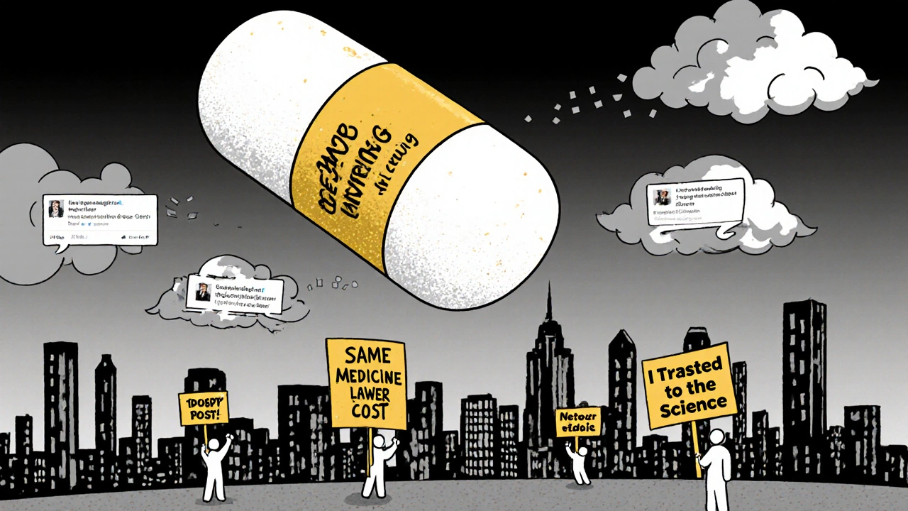 A giant generic pill over a city, with positive messages rising and negative reviews fading away.