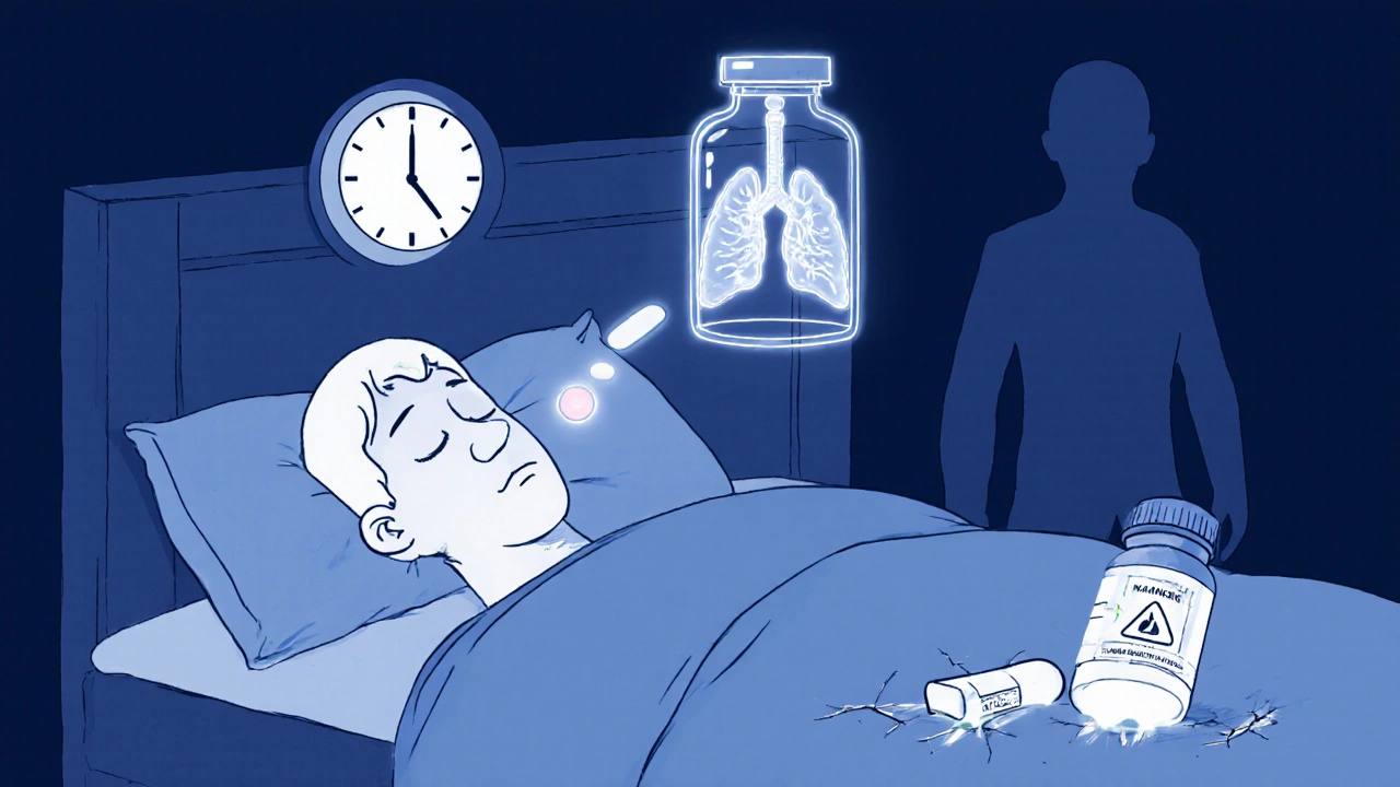 A peaceful sleeper with an expectorant tablet and clear airways, while a discarded suppressant bottle lies broken nearby, in duotone cartoon style.