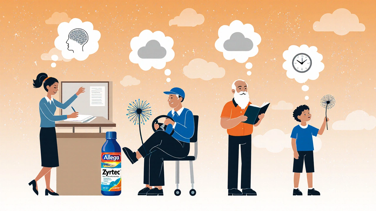 Diverse people using different antihistamines, with thought bubbles showing mental clarity, fog, or steady time under a pollen-filled sky.