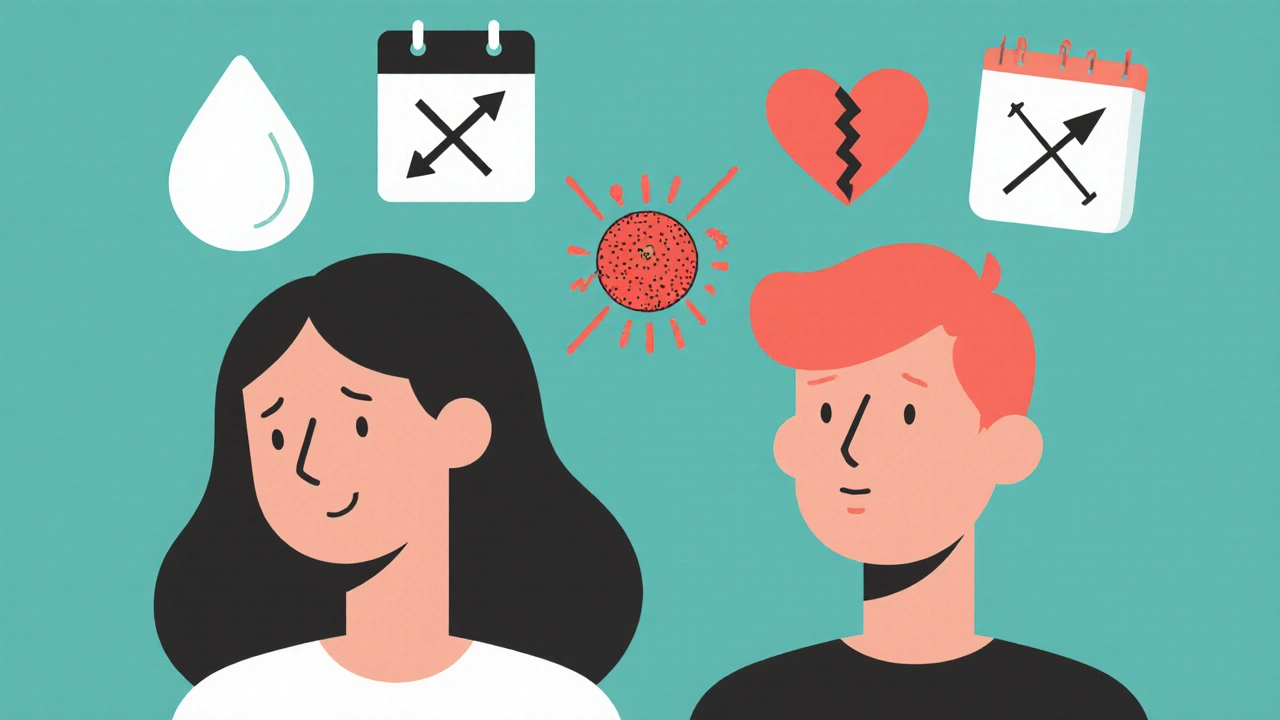 Duotone cartoon of a woman and man with symbolic signs of prolactinoma symptoms above their heads.